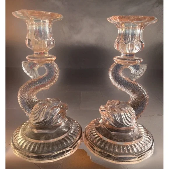 Vintage Pair Pink Glass‎ Candlesticks Koi Fish Design Collectible Rare
