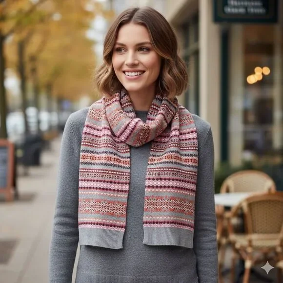 Talbots Modern Fair Isle Scarf Pink Gray MultiColor Knit Winter Warm Soft Cozy