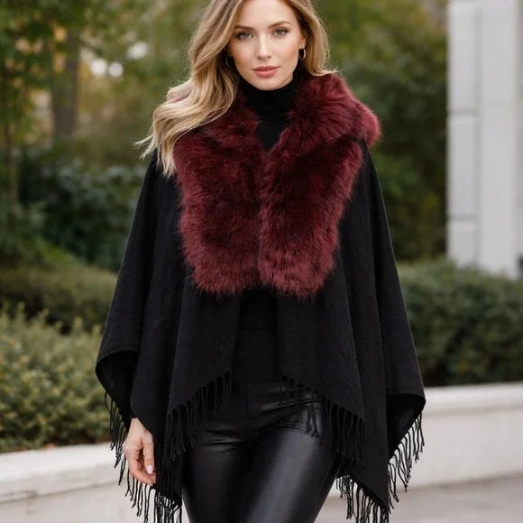 Jessica McClintock Faux Fur Trimmed Shawl Wrap Scarf‎ Black Red Fringe One Size