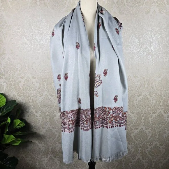 Oswal Shawl 100% Pure New Wool Light Gray Red Orange Paisley Pattern Fringe NWT