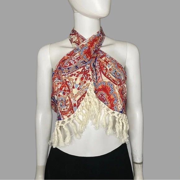 SHEIN‎ Bohemian Paisley Print Neck Tie With Tassels Blouse