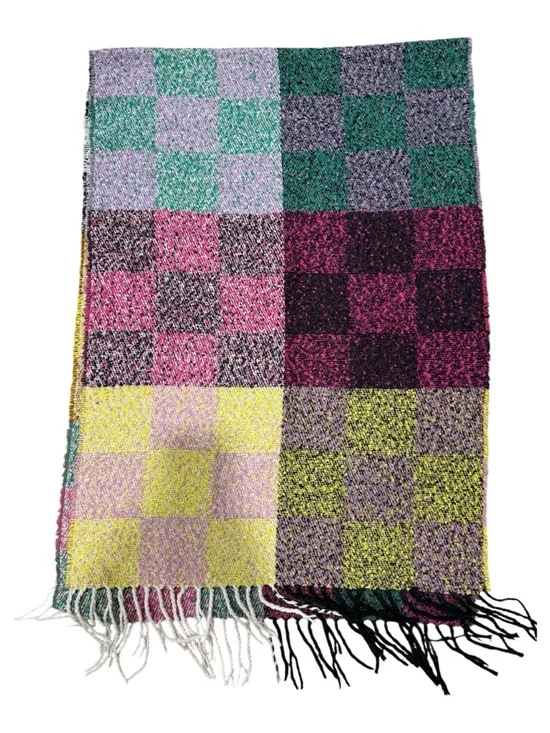 Colorblock Checkered Fringe Scarf - Pink, Green, Yellow
