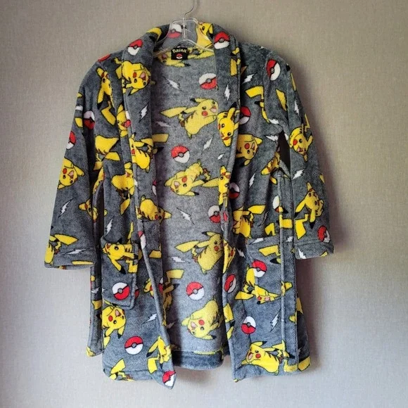 Pokémon Pikachu Plush Fleece Bathrobe Grey Yellow Kids Size Medium (M)