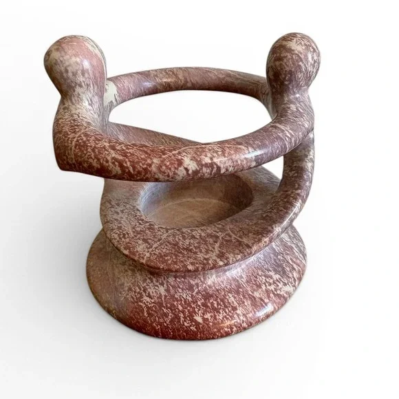Abstract Soapstone Sculpture Two Figures Circle Candle Holder Pink Carved Stone