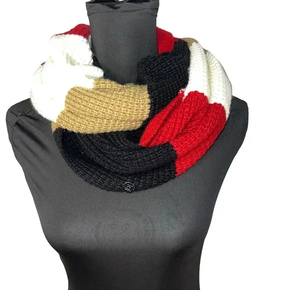Liz Claiborne crochet knit burgundy cream olive navy block eternity scarf‎ logo