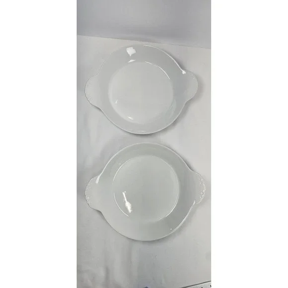 France Porcelain Au Gratin Dishes Set 2 White Round Baker Ear Handle‎ Bowls