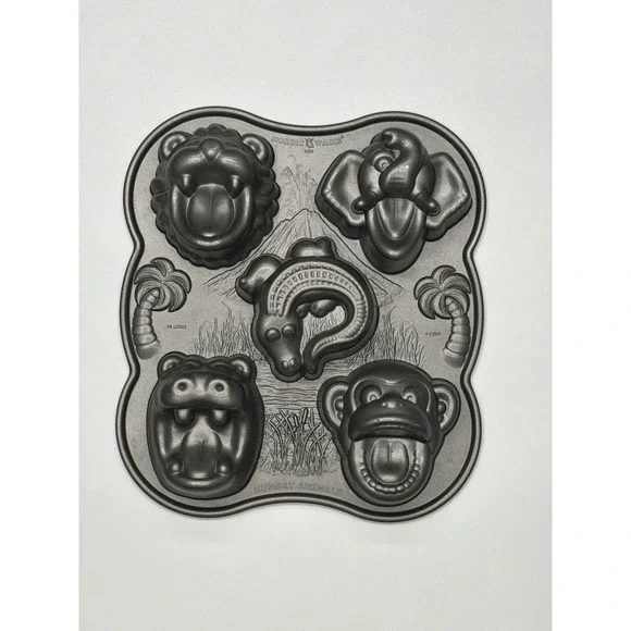 Nordic Ware Hungry Animals Cake Baking Pan 4 Cup Lion Elephant Monkey Hippo Croc