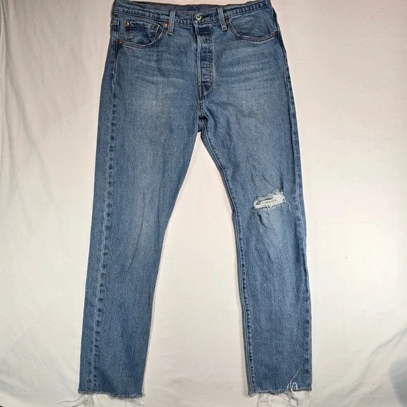 Levis 501 Skinny Jeans Mens 32x30 Blue Distressed Button Fly Raw Hem 29502-0203