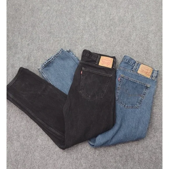 LOT of 2 LEVIS 505 Jeans Mens 38x34 Blue Black Denim Regular Fit Straight Leg