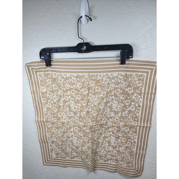 Robinson Golluber Vintage Scarf Tan White Floral Square Japan Polyester 20”
