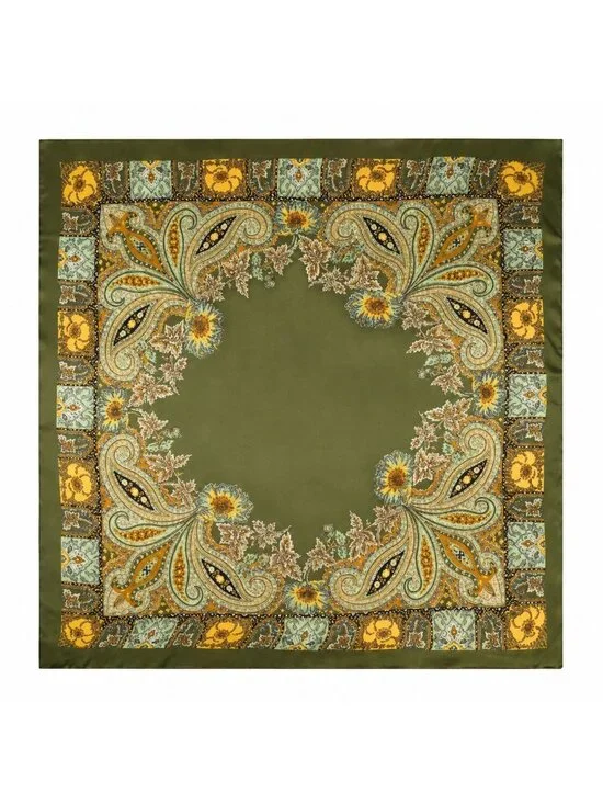 Olive Green Satin Paisley Wild Rag Scarf 35x35 Western Cowgirl