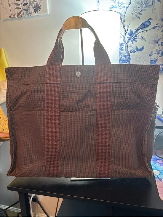 Rare Authentic Hermès Herline MM Zippered Canvas Tote Bag - Brown/Brick Red