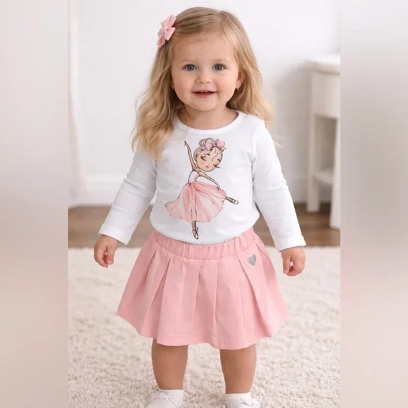 12-18M Ballerina‎ Tee & Pink Pleated Skort Set Baby Girl Outfit NWT