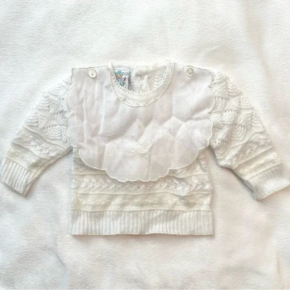 Vintage Rodes Ivory Knit Baby Bear Sweater 0-3M Scalloped Bib Buttonback Neutral