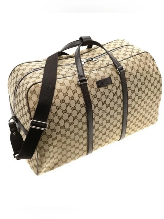 Unisex Gucci Beige GG Supreme Canvas Weekender with Dark Brown Trim made Italy
