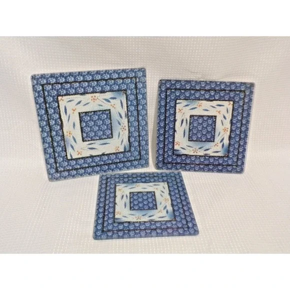 Temp-Tations by tara Old World Blue Square Hot Plates Set of 3 Different Sizes