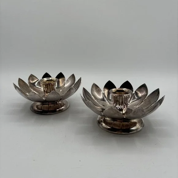 Set Of 2 Vintage Candle Holders- Silver Plate-Reed & Barton 3001 Lotus Flower