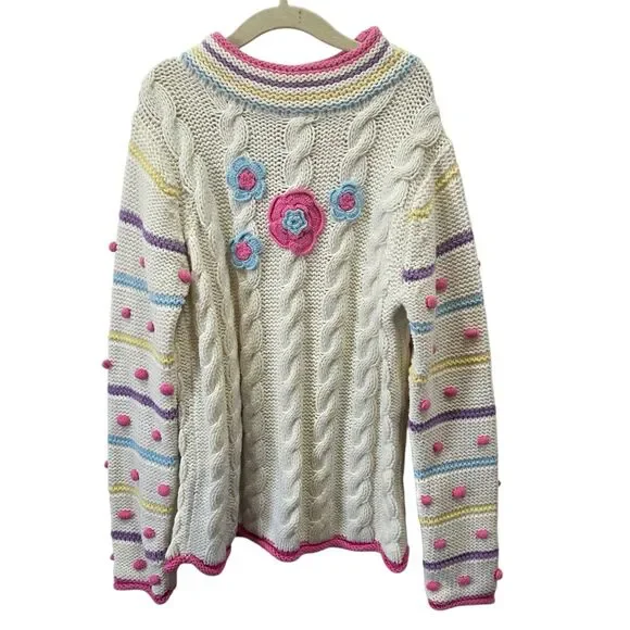 Obermeyer Girls XL Cable Knit Sweater Floral Pom Pom Cottagecore Boho