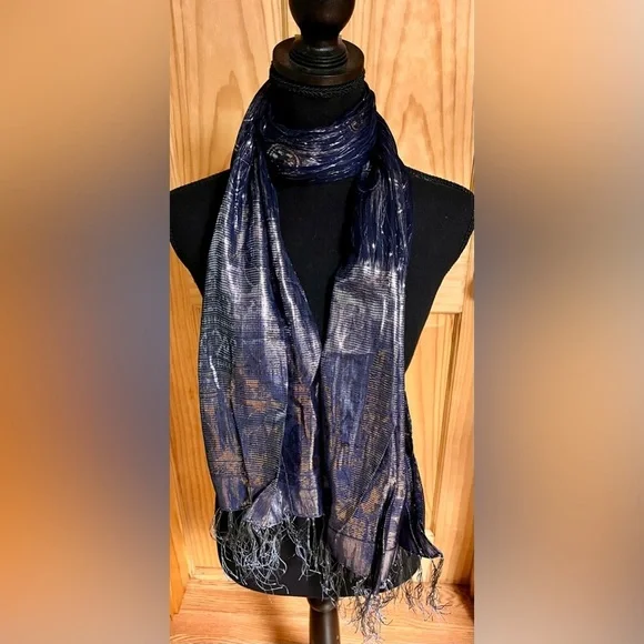 Vintage Navy Blue Silk Metallic Shimmer Scarf Wrap Evening Shawl Fringe Holiday