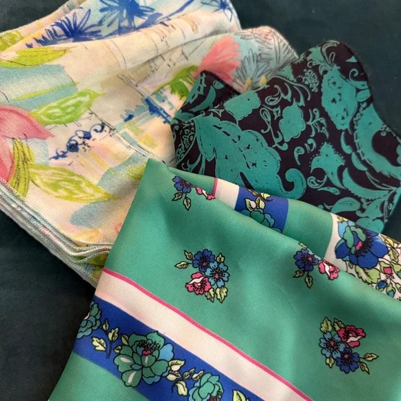 Vintage Floral and Tropical Scarf Lot of 3 Green Blue Pink‎ Teal Bundle