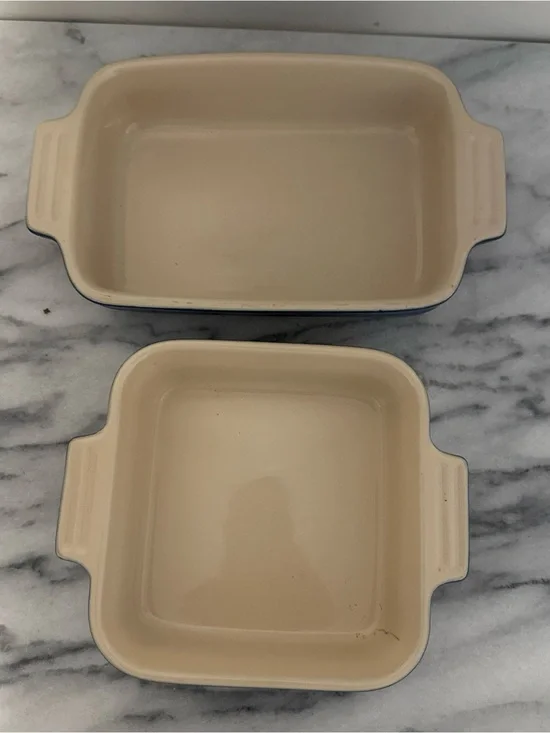 Le Creuset Cream Ceramic Baking Dishes with Blue Rim - Set of 2