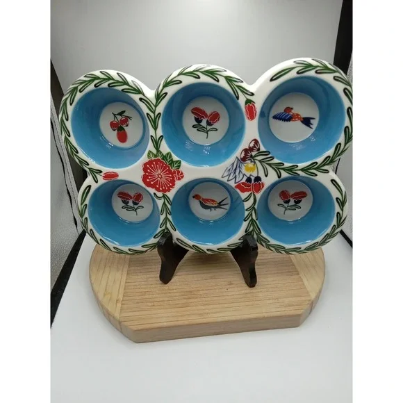 Potter's Studio ceramic painted floral bird‎ blue mult 6 cupcake/muffin bake pan