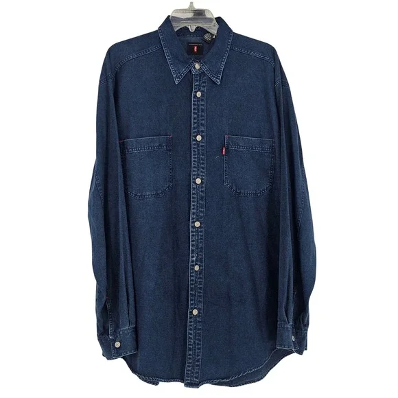 Vintage Levis Red Tab Denim Shirt XL Dark Blue Wash Western 90s Workwear Classic