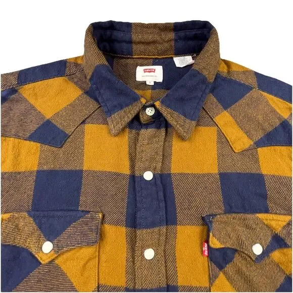 Levis Flannel Shirt Men Large Brown Blue Plaid Western Pearl Snap Rodeo Cowboy