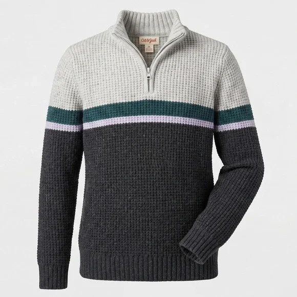 Cat & Jack Boys XL 16 Grey Colorblock Quarter Zip Waffle Knit Sweater Pullover