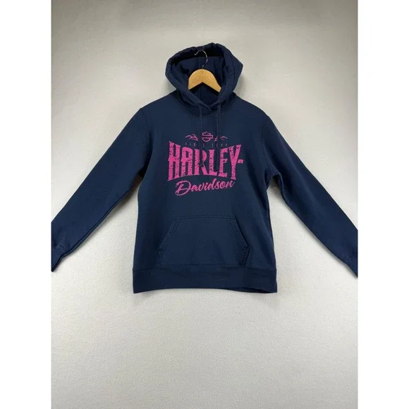 Harley-Davidson Hoodie Girls Medium Blue Pink Graphic Pullover Sweatshirt