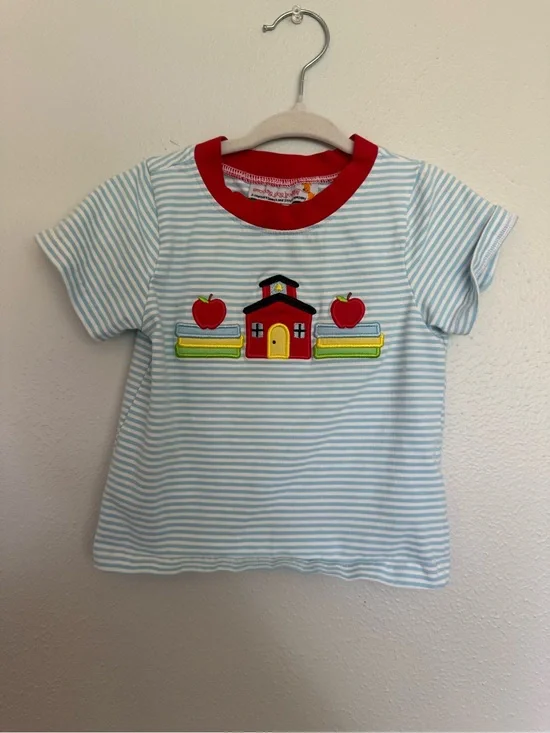 Smocking Dog Light Blue Striped Kids Tee with Red Schoolhouse Applique