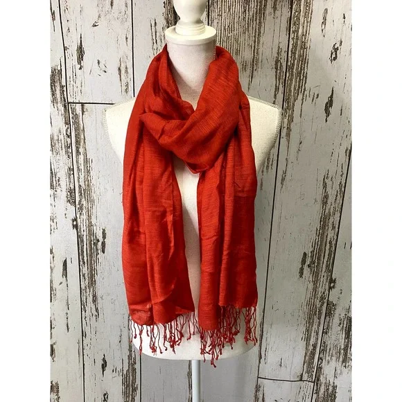 Red Scarf With A Fringed Hem