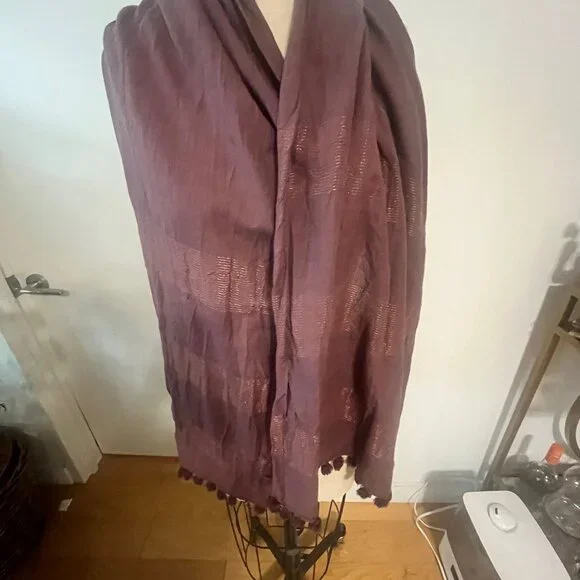 EILEEN FISHER Wool Tassel Striped Scarf in Plum