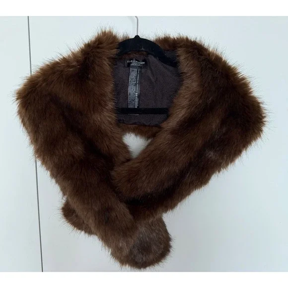 Zara Accessories Brown Faux Fur Scarf Stole Pull Through Wrap One Size