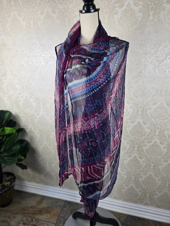 Large Oblong Scarf Lightweight Sheer Geometric Stripes Paisley Ref Blue Purple