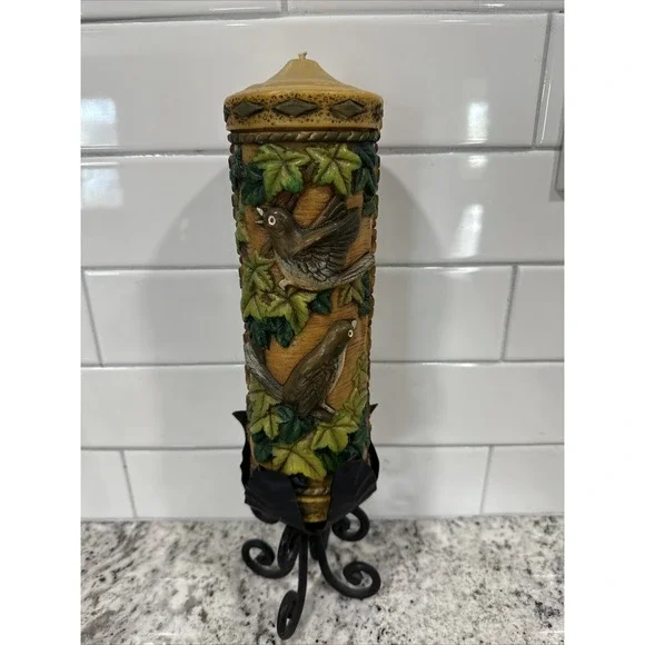 Vintage Pillar Candle With Iron Metal Holder Birds Leaves‎ Great Christmas Gift