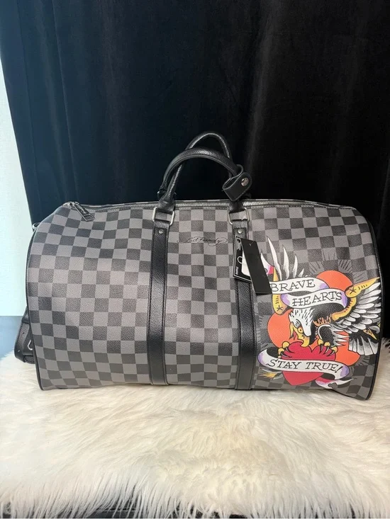 Ed Hardy Checkerboard Gray Travel Duffle Bag with Graphic Detail