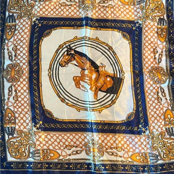 Equestrian Print Scarf in Navy & Gold