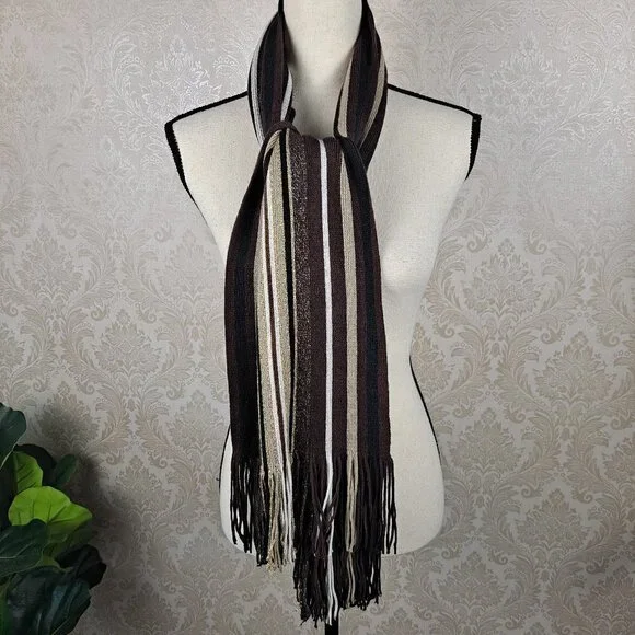 Knit Scarf Chocolate Brown/Cream/Black/Metallic Gold Stripes Fringed EUC