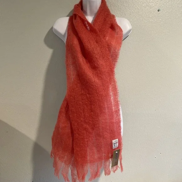 NWT AVOCA HANDWEAVERS Ireland Mohair Wool Tassle Fringe MUFFLER SCARF Coral 75x9