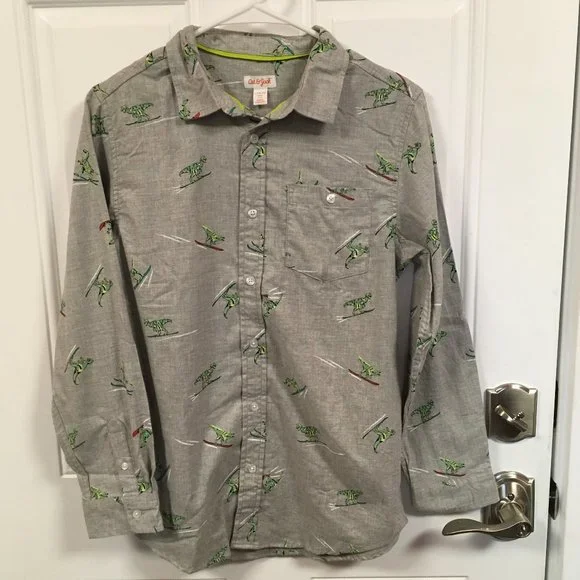 Boy’s Cat & Jack Gray Skiing Dinosaur Long Sleeve Button Down Shirt XXL (18)