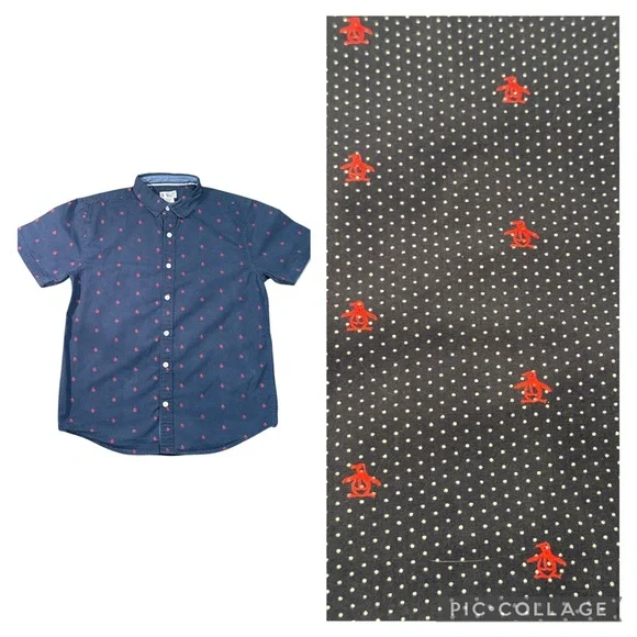 The Original Penguin Big Boys Storm Navy Button-Up Shirt‎ Red Penguins 14/16Y