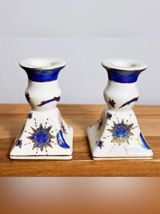 Vintage Whimsigoth White and Blue Sun & Moon Ceramic Candle Holders