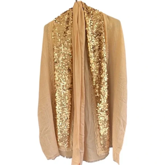 NWT Tory Burch Silk / Wool Sequined Shawl Scarf Gold Tan Retail $275.00