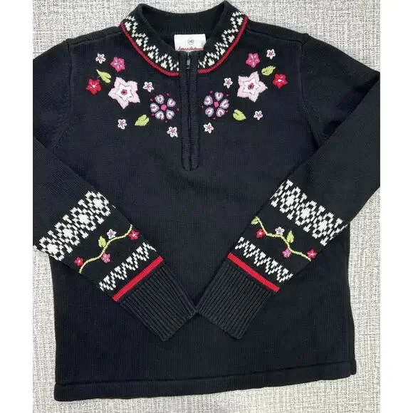 Hanna Andersson Embroidered Floral Pullover Sweater 1/4 Zip Girls 140 Nordic 10