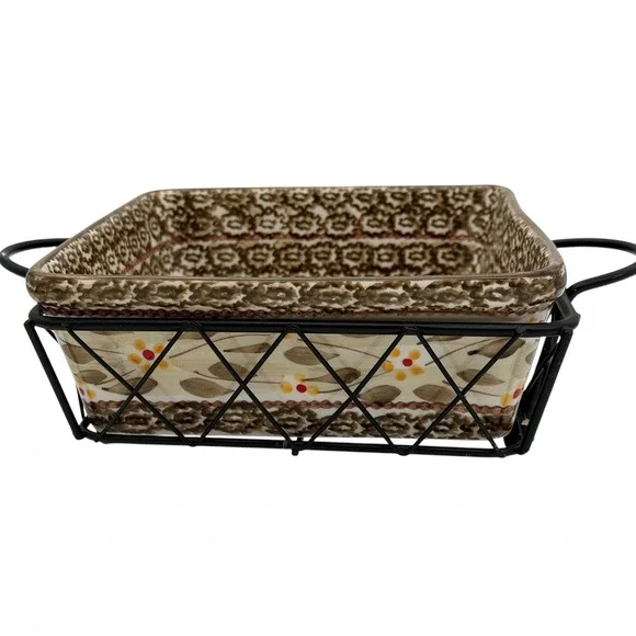 Temp-tations Old World Brown Floral Ceramic Square Baker & Metal Serving Rack