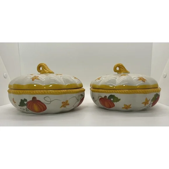 Temptations Old World Fall Harvest‎ Pumpkin Patch 2 Bakeware Covered Dishes 16oz