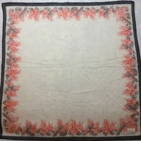 VTG CHRISTIAN DIOR Scarf Handkerchief Floral Polka Dot Cotton White Coral 18.5