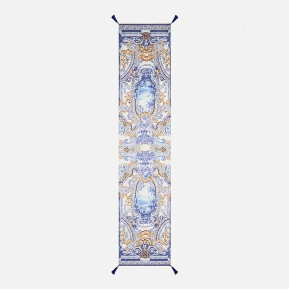 Camilla “Azul Adventures” blue gold silk long scarf head wrap top belt shawl