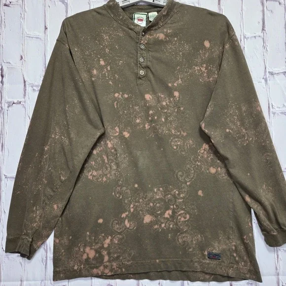 Vintage Levis Strauss Mens Brown Bleach Wash Henley Long Sleeve Shirt Large L